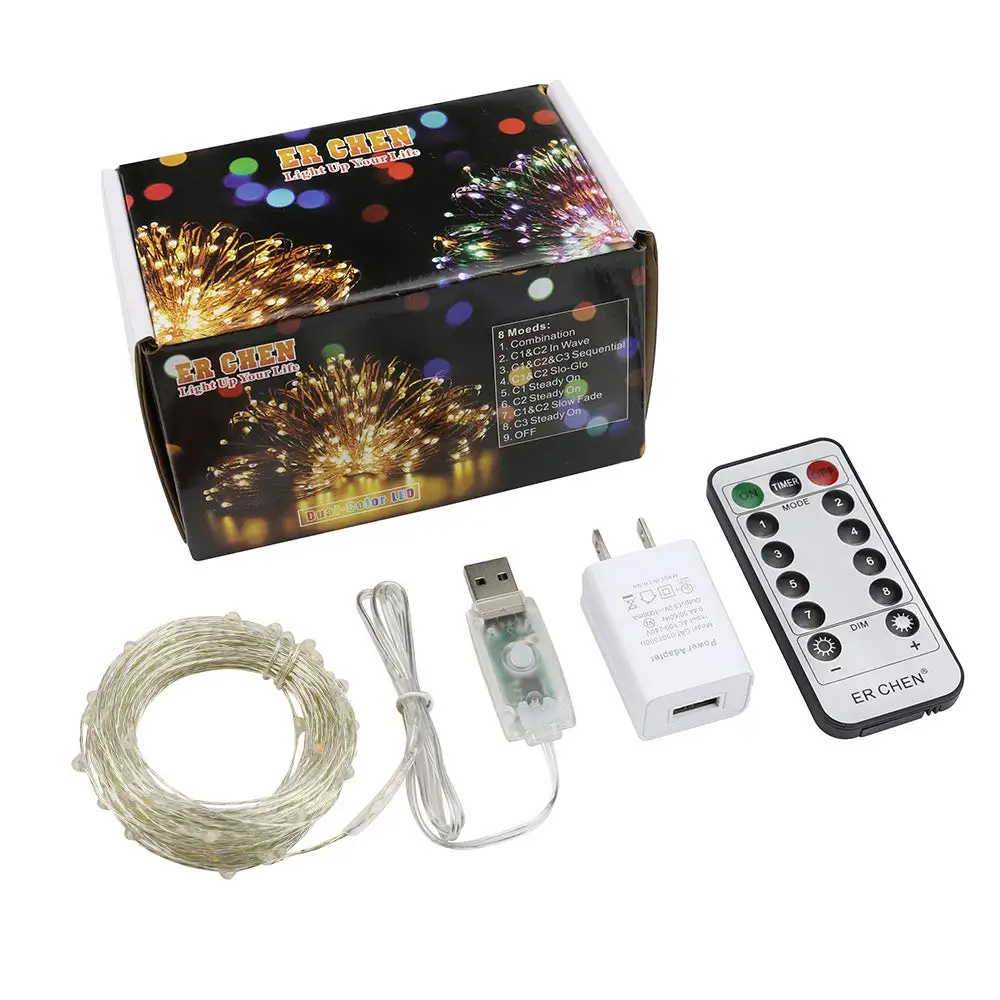 33 фута 100 LED Изменение цвета USB гирлянда 8 режимов Серебряный провод и медный