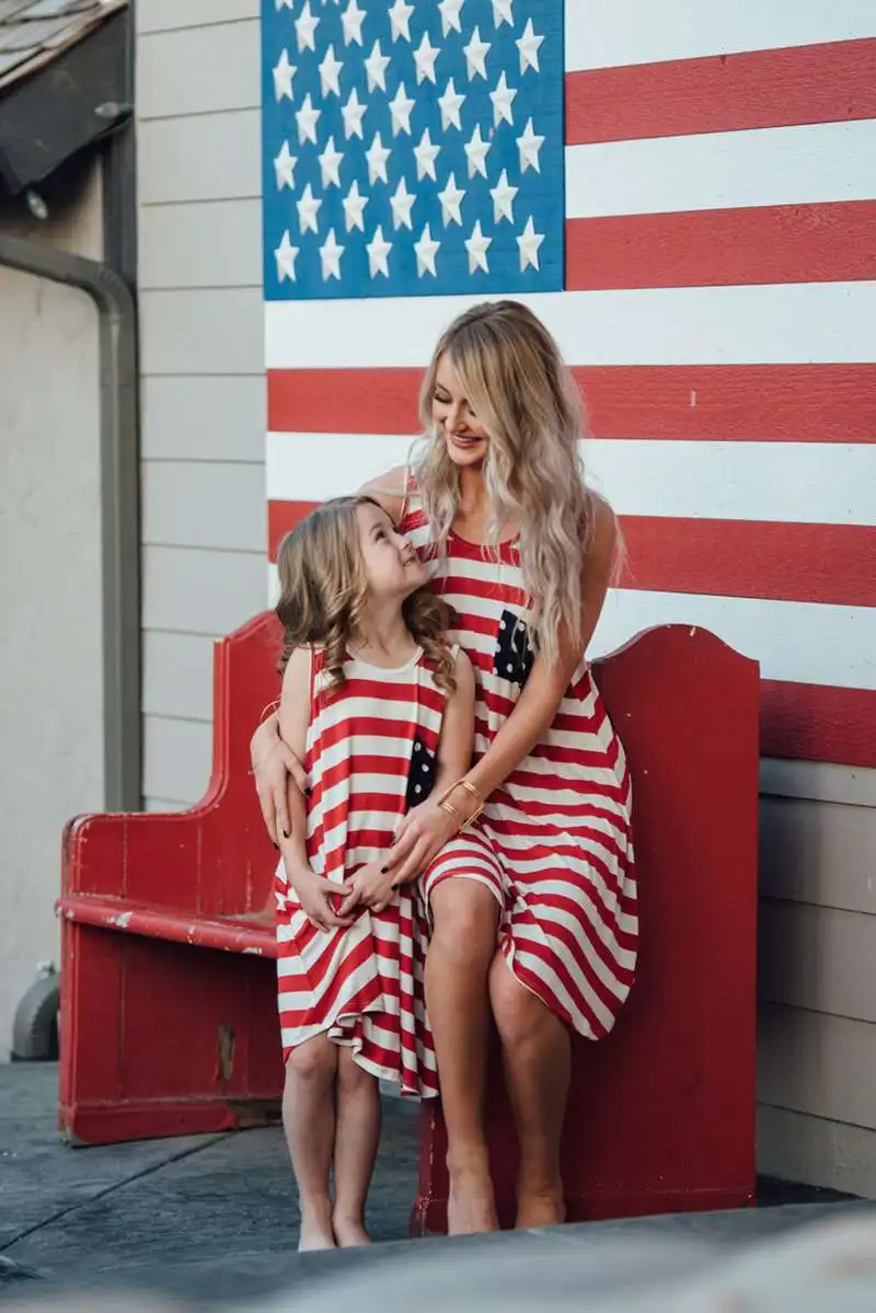 Mother And Daughter American Flag Dress Baby Girls Tassel Dresses Kids And Parents Summer Sun Dresses Family Matching Outfits