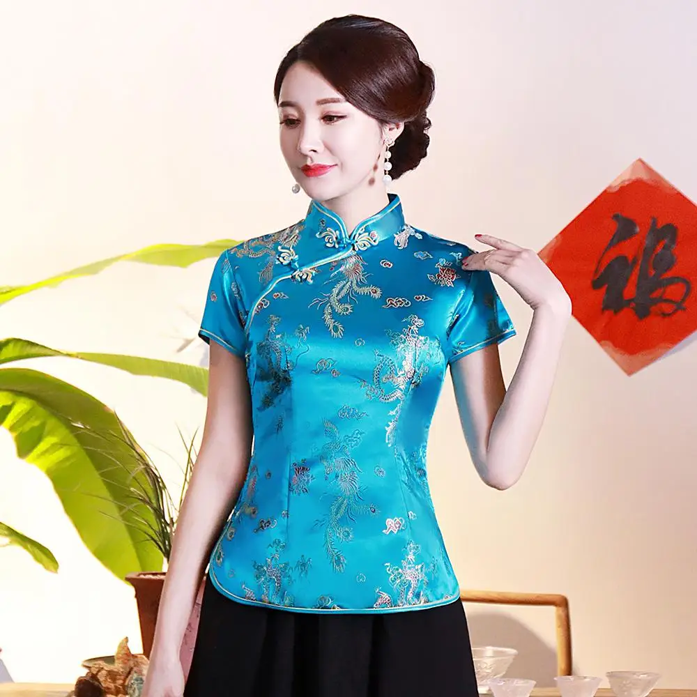Цветочная атласная Женская рубашка Золотая с коротким рукавом летняя классическая блузка Китайский стиль праздничная одежда размера плюс 3XL 4XL винтажные Топы - Цвет: Blue Dragon