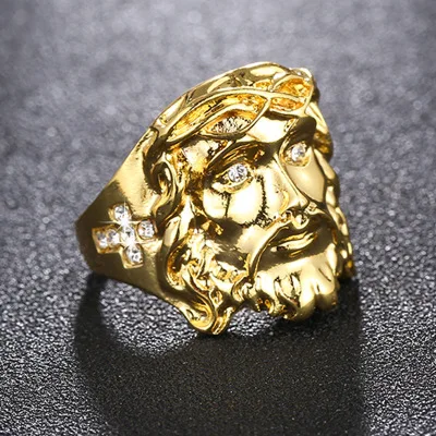 

Classic Male Jewelry Bible Rings 24K Gold Band Jesus Face Cross Ring for Men Women Prayer Charm Punk Zircon Stone Accessorie R94