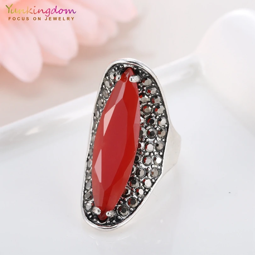 Yunkingdom Ethnic Jewelry Antique Silver Color Geometric Resin Rings for Women Girls Pretty Rings 4 Colors