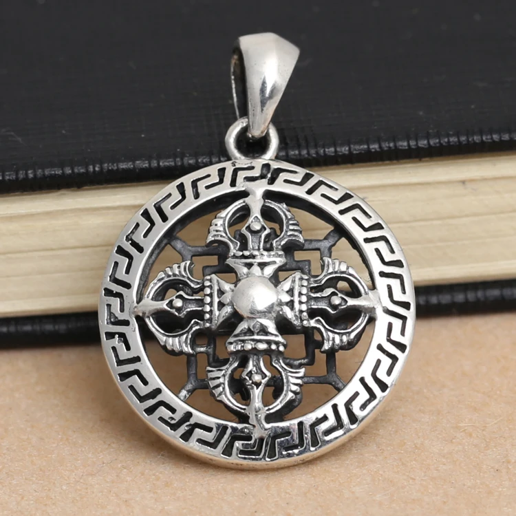 

Handmade 925 Silver Tibetan Dorje Pendant vintage thai silver double dorje amulet pendant Buddhist Vajra symbol jewelry gift