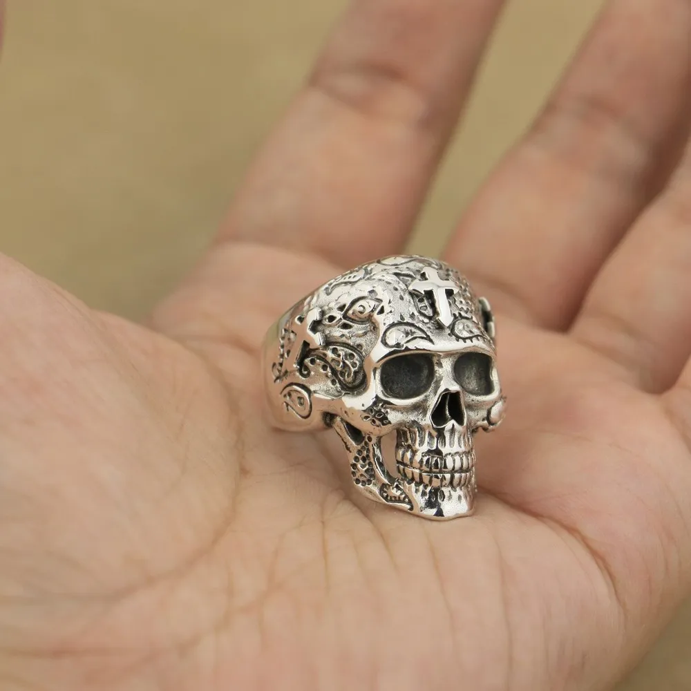 LINSION 925 серебро с высокой деталью Череп Крест Кольцо мужское байкерское кольцо TA55 US Размер 7~ 15