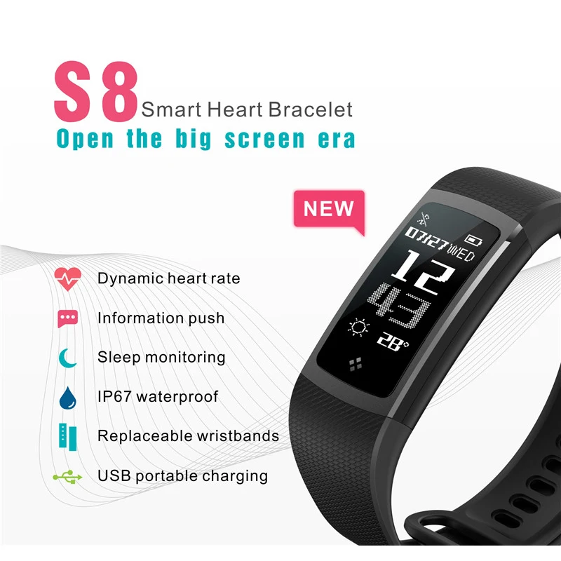 

Bluetooth Heart Rate Monitor Smart Band S8 Blood Pressure Fitness Tracker Bracelet Pedometer Sport Waistband For Android iOS