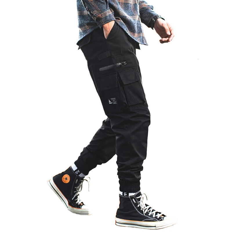 

Japanese Style Fashion Men Jeans Ankle Banded Black Loose Fit Big Pocket Cargo Pants hombre Streetwear Hip Hop Joggers Pants Men