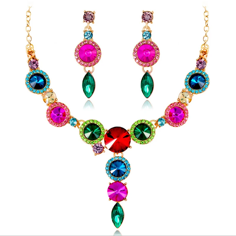 New Crystal Zircon Necklace Earrings Luxury Women Wedding Bridal Jewelry Set Anniversary Gift Multicolor
