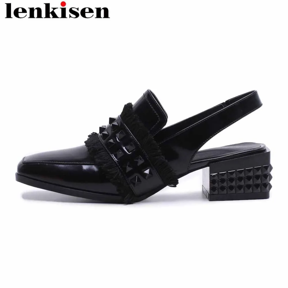 

Lenkisen rivets genuine leather square toe elastic band summer shoes med square heels slingback retro fashion women sandals L26