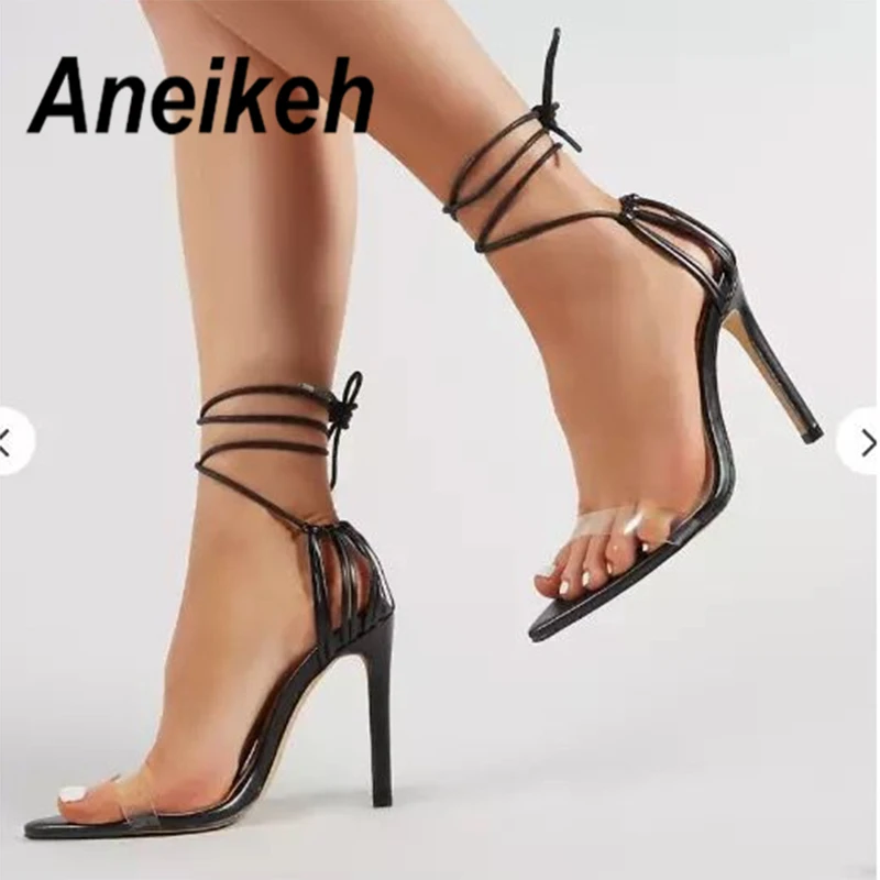 

Aneikeh Fashion 2019 Summer Gladiator Women's Sandals PVC Lace-Up Thin High Heels Open toe Cover Heel Shoes Solid 35-40 Black