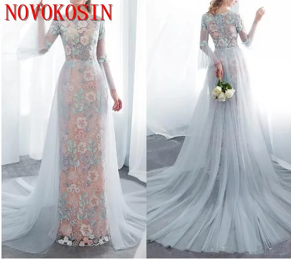 

2019 Robe de mariage Colorful Embroidery Flower Leaf Bridal Dress Blue Gown Real Sample Wedding Dresses Long Sleeves Robe mariee