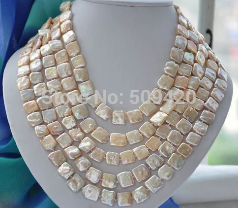 

~~ Free Shipping >>LONG 13mm square pink Freshwater cultured pearl necklace 100inch