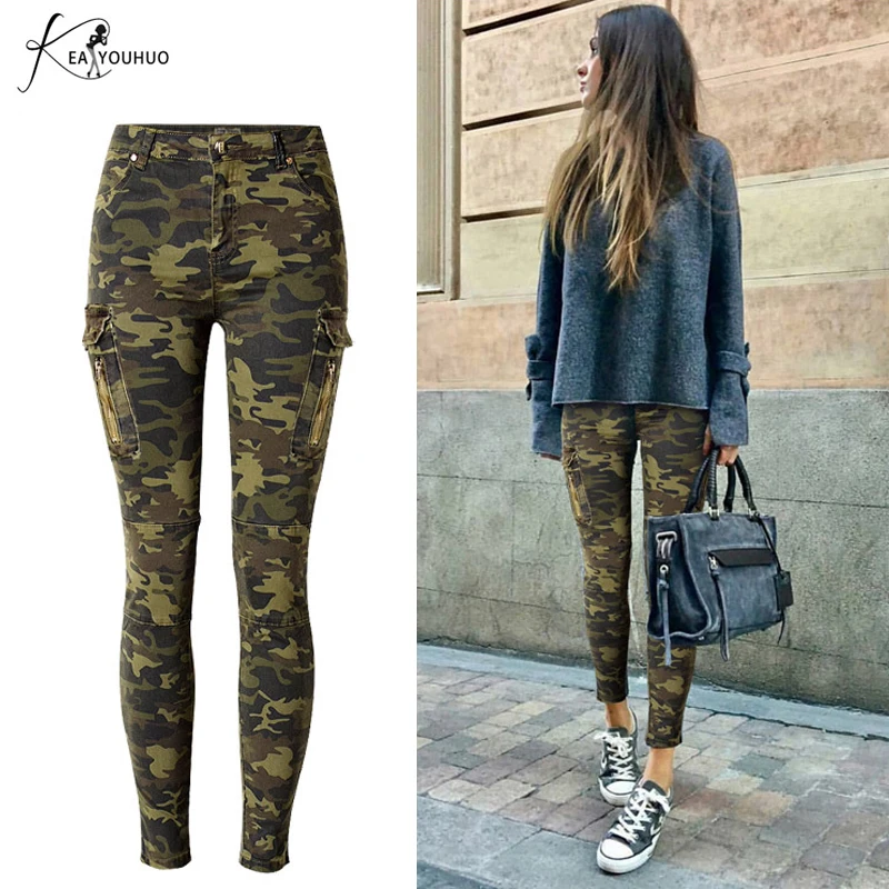 Online Hohe Taille Hosen Weibliche Stretch Schlank Bleistift Plus Größe Hosen Camouflage Armee Hosen Für Frauen Hosen Jogginghose Jogger Frauen