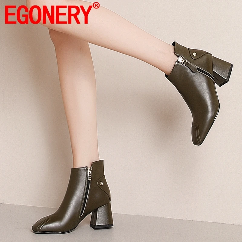 

EGONERY woman shoes 2019 autumn new fashion sexy square toe genuine leather ankle boots outside high heels shoes drop shipping