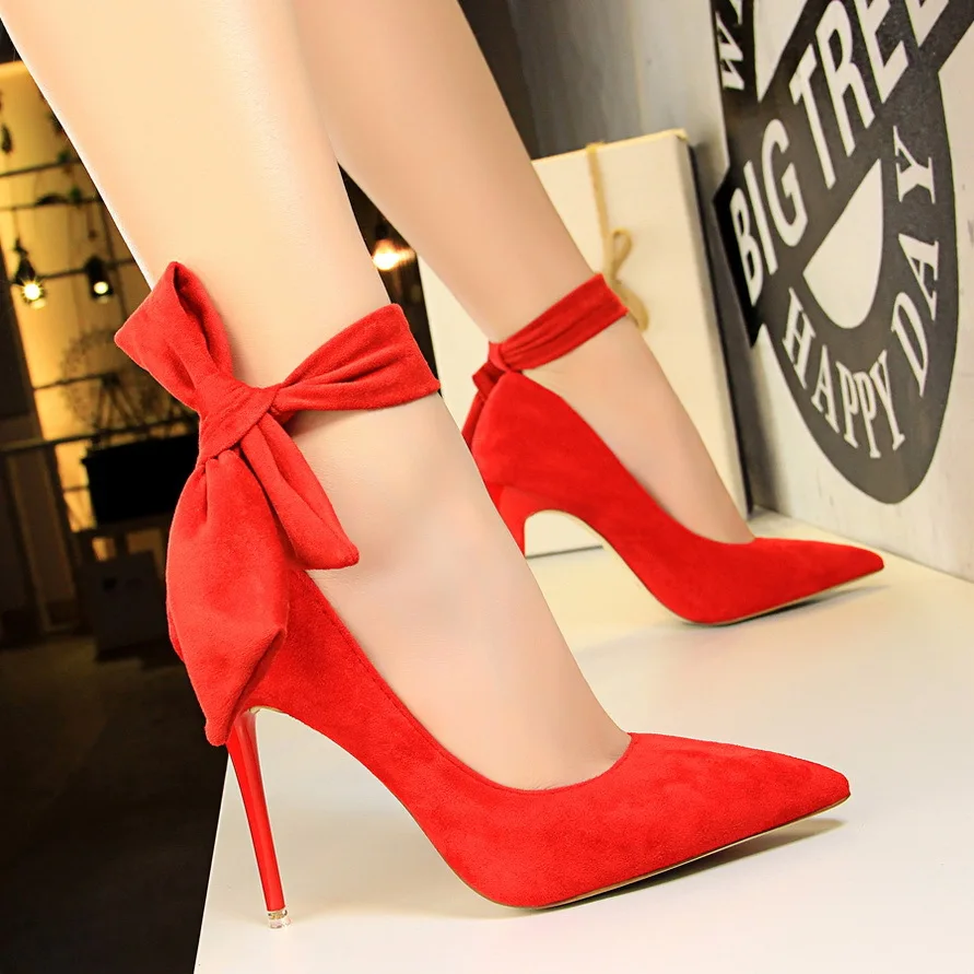 

Fashion women's shoes pointed toe Lace up bowknot thin heels high heel Pump 10cm shoes female wedding shoes red black green pink