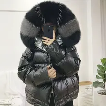 Зимнее пуховое пальто, блестящая ткань, воротник из настоящего лисьего меха, короткий пуховик с капюшоном, женская одежда для двух лиц, теплые парки, куртка 131