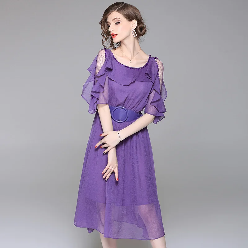 European runway summer new women's lace waist perspective chiffon strapless lady midi dress o neck petal sleeve dress