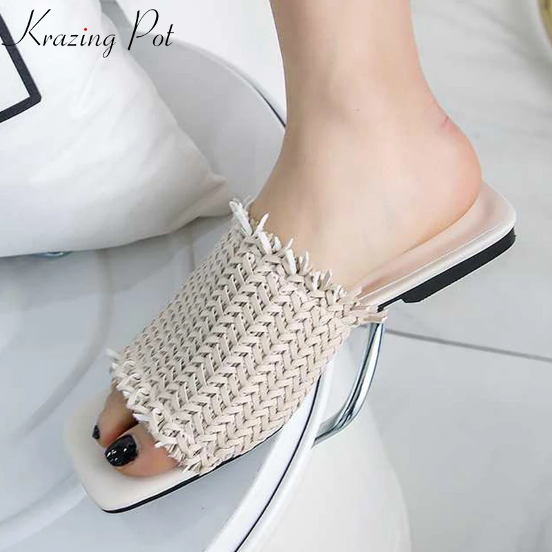 

Krazing Pot hand made weaving peep toe fringe decoration flats outside slippers Korean version fairy lady preppy style mules l32
