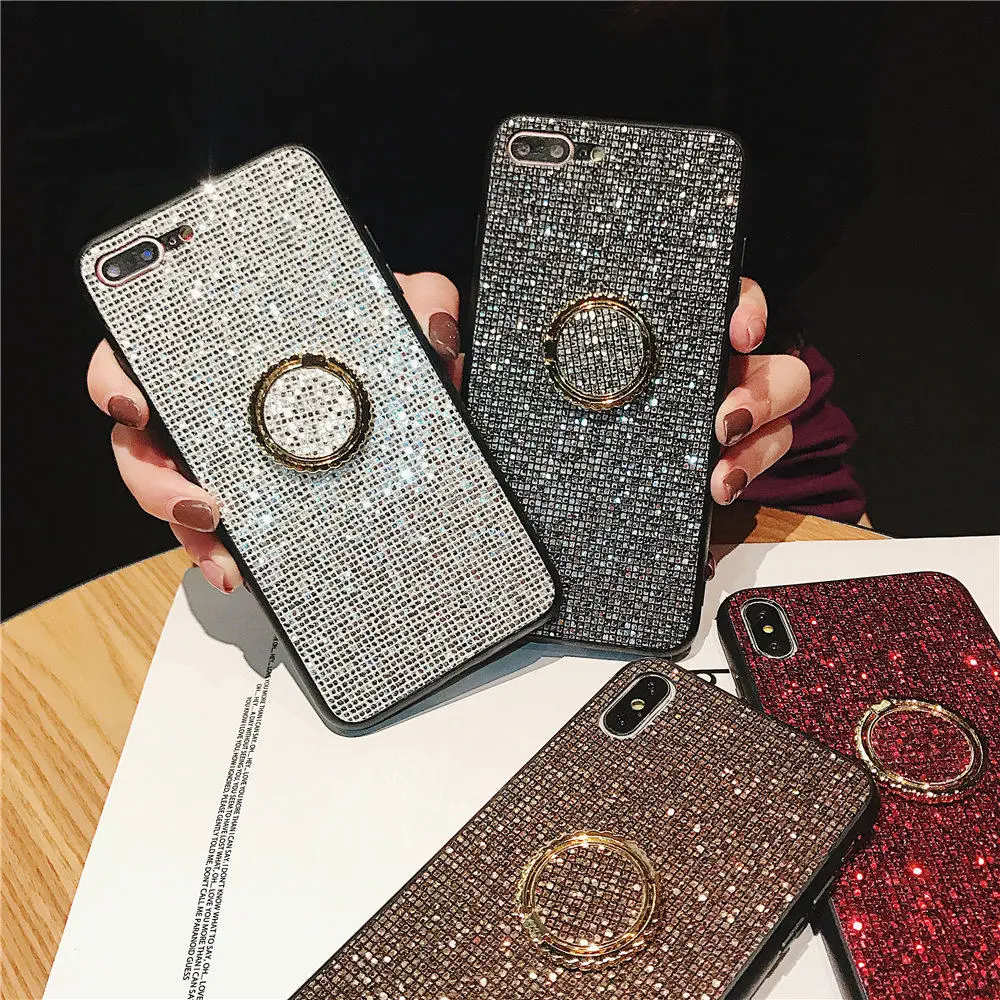 Блестящие глянцевые Bling Встроенная задняя крышка чехол для телефона в виде ракушки для Xiaomi Mi Mix 2 S 3 A1 A2 8 SE 9 Lite Роскошный чехол с стенд для колец на палец