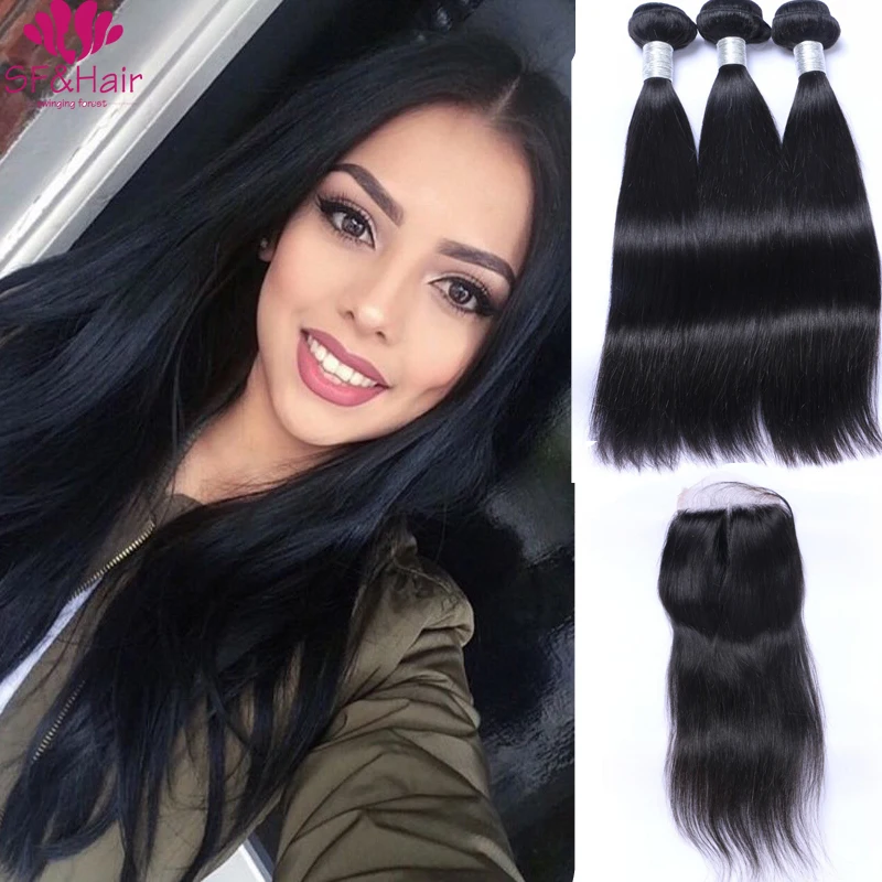Top 8a Lace Front Closure With 3 Bundles Brazilian Straight Lace