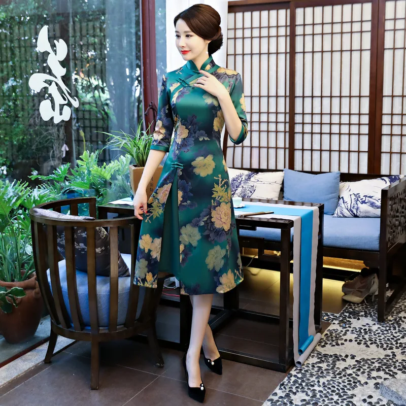 Винтажное женское улучшенное аозай Qipao с цветочным принтом, воротник-стойка, короткое Cheongsam Vestidos, классическое платье ручной работы на пуговицах, платье