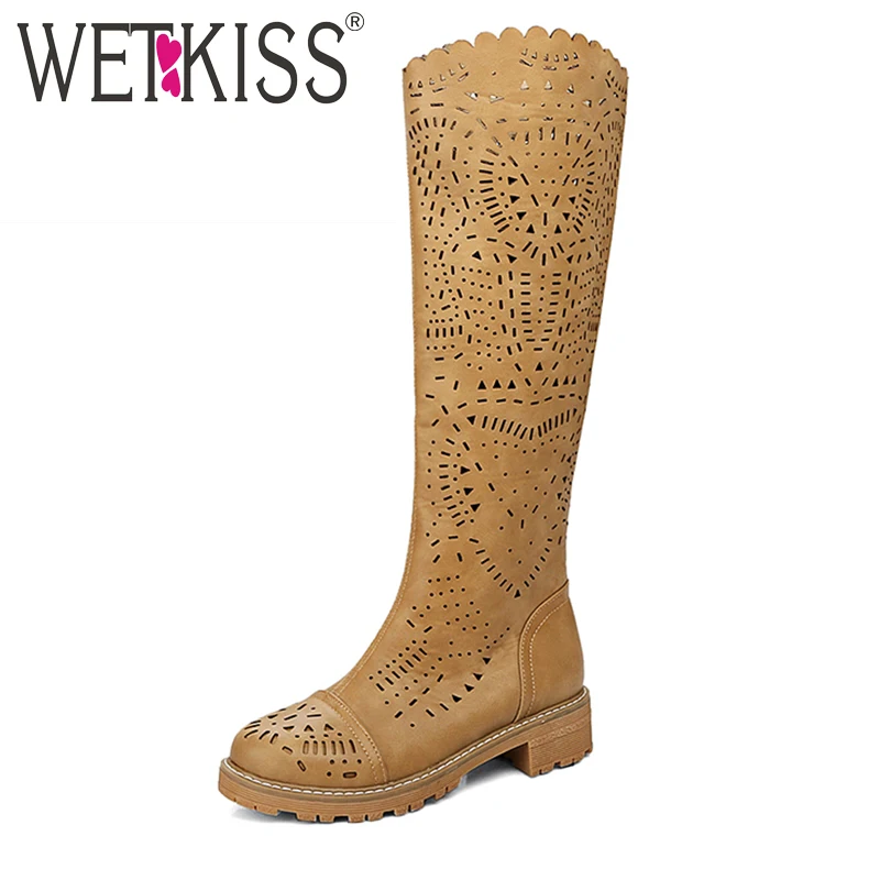 

WETKISS Big Size 34-43 New Style Fashion Cutouts Summer Boots Comfort Chunky Heels Platform Summer Knee Boots Casual Shoes Woman
