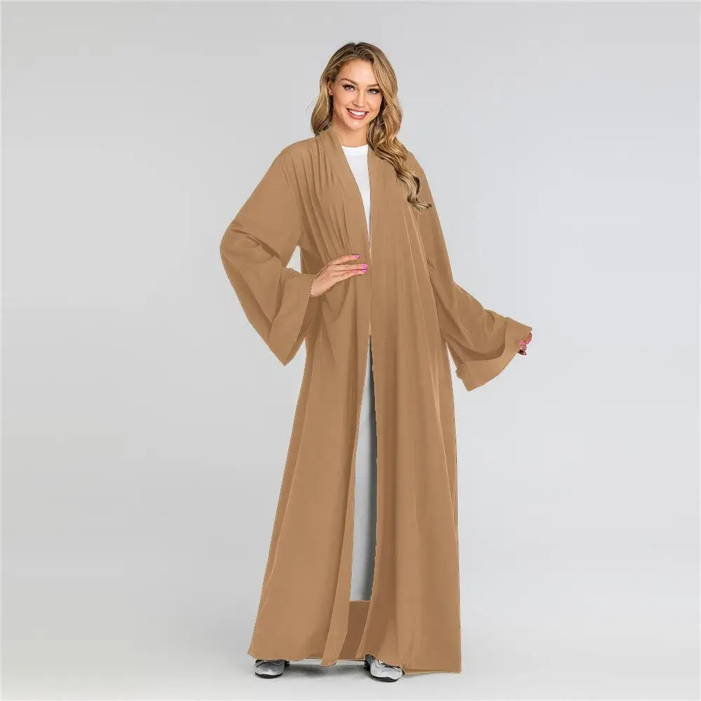 New Open Front Cardigan Dubai Kimono Abaya Maxi Dress Muslim For Women Solid Color Long Sleeve Arab Robe Gown Middle East Dress