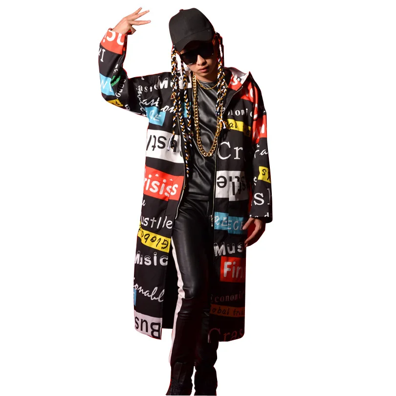 

Men Hooded Cloak Trench Coat Male Fashion Hiphop Long Trench Cardigan Jacket Outwear Letter Printed Stage Singer Dancer Clothing