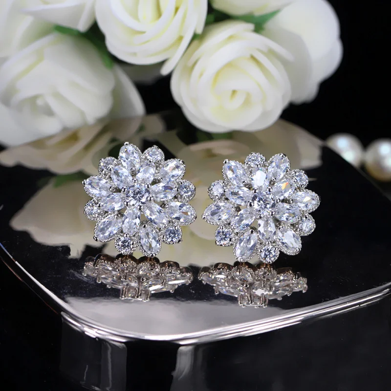 Женские серьги гвоздики серебряного цвета с крупным цветком|flower stud earrings|stud