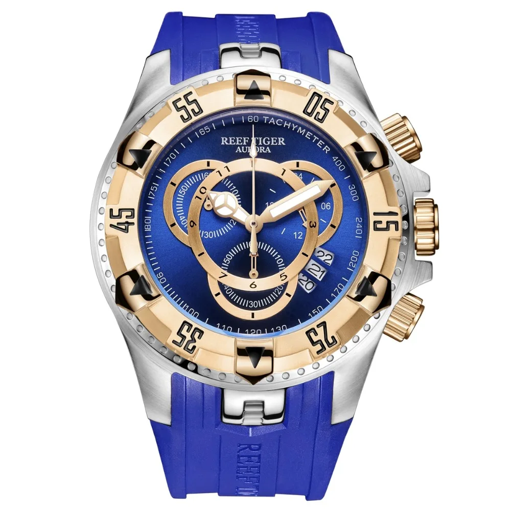 US $116.85 Reef Tiger Aurora Serier RGA3032 Men Sports Big Watches Waterproof Quartz Wrist Watch with Chronograph Big Dial Silver