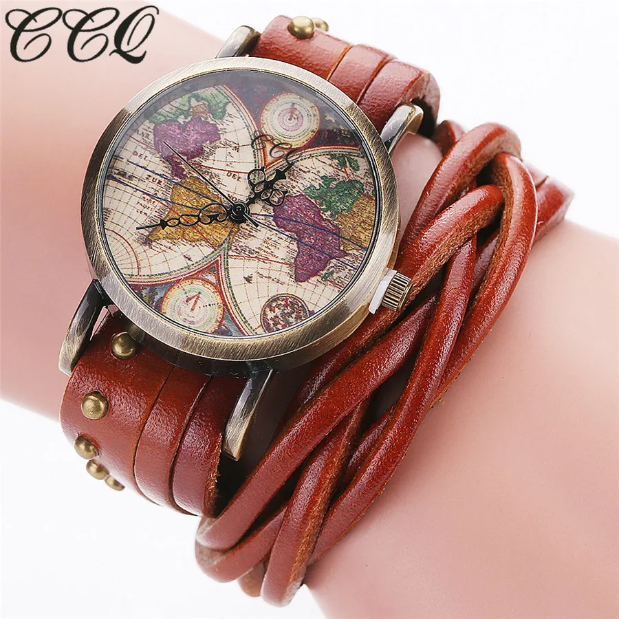 CCQ Brand Fashion Vintage Retro Rivet Braided Genuine Leather World Map Watch Casual Women Quartz Watch Relogio Feminino