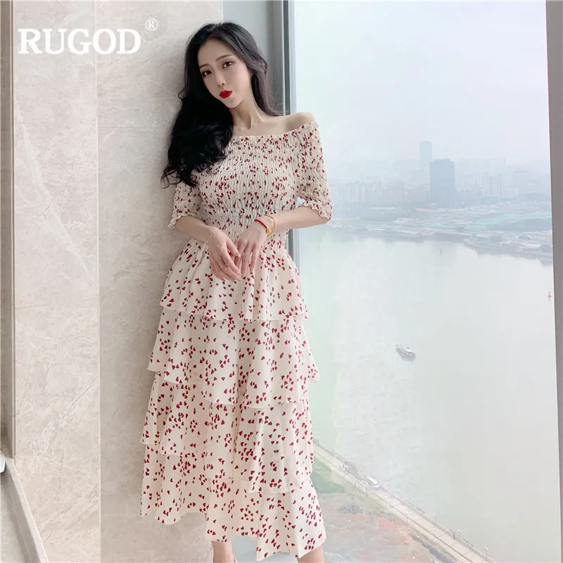 RUGOD 2019 رصدت النساء اللباس منتصف العجل أنيقة القطع الرقبة قبالة الكتف المتتالية الكشكشة موديس فام vestido فيرانو sukienki