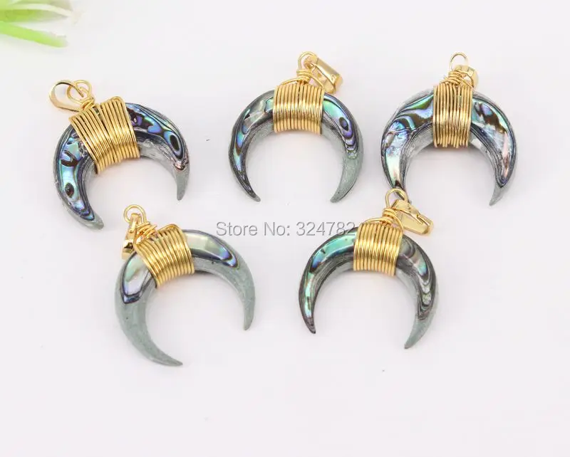 

5pcs Small Size Abalone Shell Crescent Pendant With Gold color Wire,Charm Horn Gem stone Pendant for jewelry Making