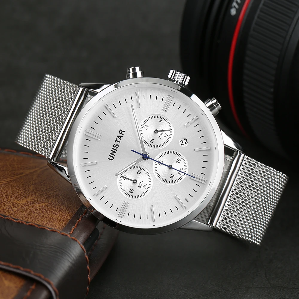 Unistar Silver Luxury Men Watches Stainless Steel Clock Quartz Top Man Sport Watches Waterproof