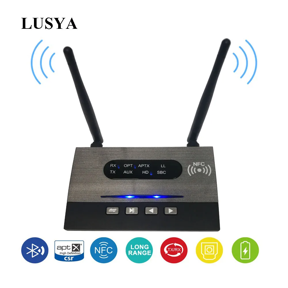 

Lusya CSR8675 APTX HD Long Range Transmitter bluetooth Receiver BYPASS NFC Audio Adapter Low Latency Optical RCA 3.5mm AUX T0634