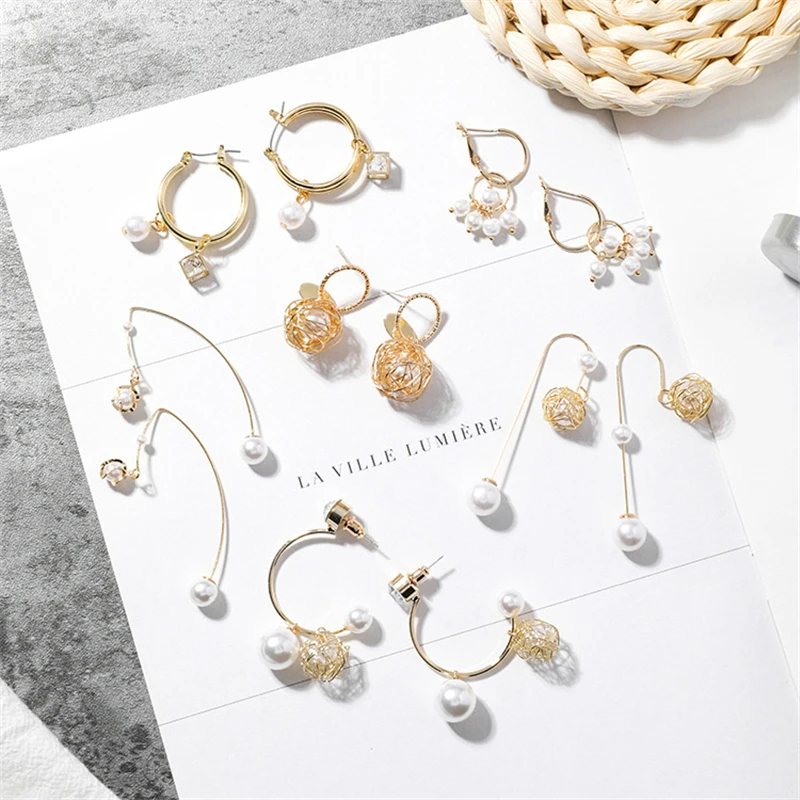 

Korea New Design Metal Geometric Circle Square Simulated Pearl Drop Earrings for Women Girl Gift Pendientes Brincos wholesale