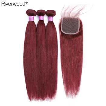 

Peruvian Straight Hair Bundles With Closure 99j Burgundy Red Bundles With Closure 100 Pre-Colored Remy Human Hair Extension