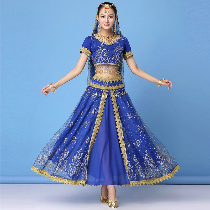

Belly Dance Costume Set Bollywood Dance Costumes Women Clothes 2019 Bellydance Skirt Suit 5pcs (Headpieces+Veil+Top+Belt+Skirt)