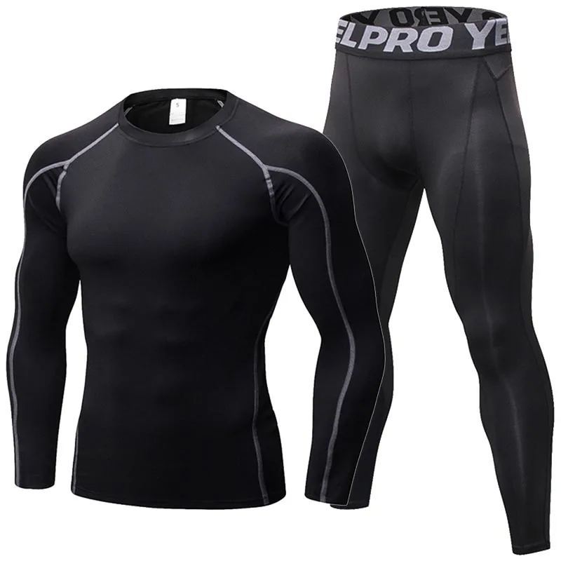 Компрессионный набор для бега, мужской спортивный костюм, колготки для фитнеса, Рашгард, футболка, быстросохнущие леггинсы, штаны с длинным рукавом, спортивный костюм для спортзала - Цвет: 20 Grey Line Black