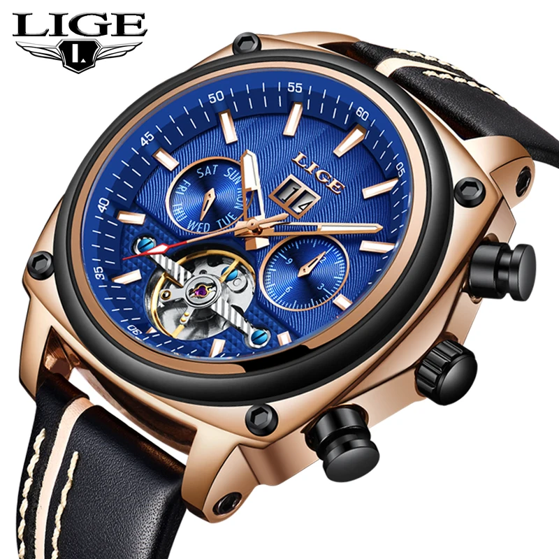 

LIGE Brand Men Watches Automatic Mechanical Watch Tourbillon Sport Clock Leather Casual Business Retro Wristwatch Relojes Hombre