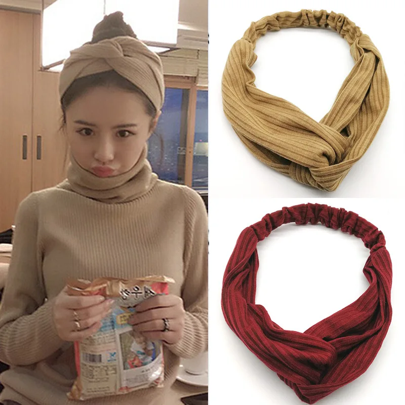

2019 New fashion Korean version of elastic knit solid color hair band cross Knotted cotton headband hair accessories