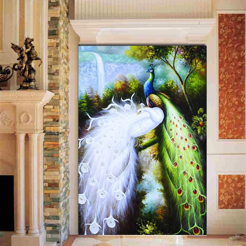 

Custom 3D Photo Wallpaper Home Decor for Living Room Entrance Hallway Door Art Mural Background Green White Peacocks Wall Paper