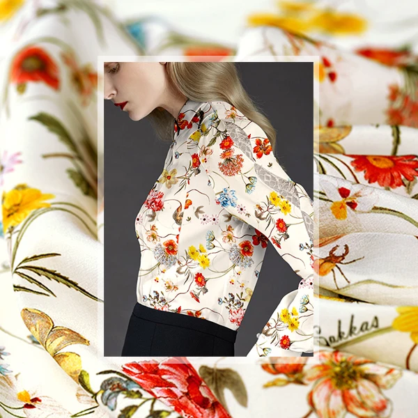 

138CM 16MM Floral Print Thin White Silk Crepe De Chine Fabric for Summer Dress Blouse Skirt Shirt Scarf DE947