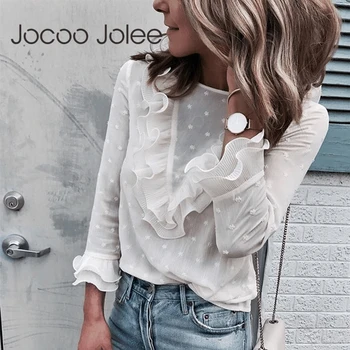 

Jocoo Jolee Women Blouses And Tops Casual Ruffles Lace Polka Dot O Neck Shirt Long Sleeve Blouse blusas mujer de moda 2019