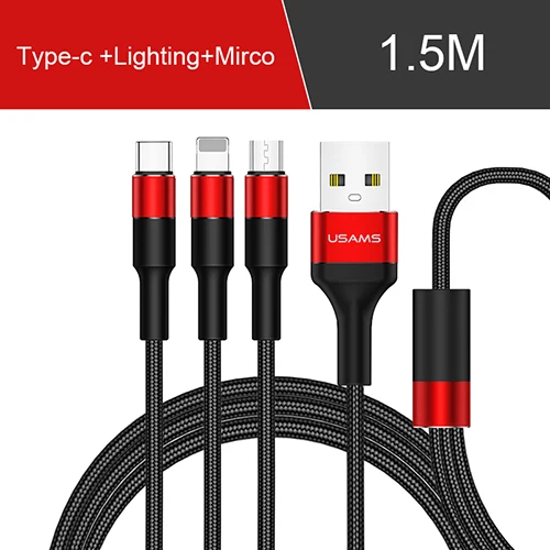 USAMS 3 в 1 USB кабель type C кабель для samsung s9 plus Micro usb кабель для зарядки для iPhone X 8 7 6s Plus 5 5S SE 5c C кабель - Цвет: 1.5m red 3 in 1