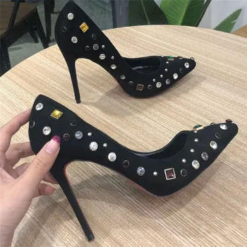 

Free shipping fashion women Pumps Black suede diamond strass point toe high Heels Party shoes bride weeding heels