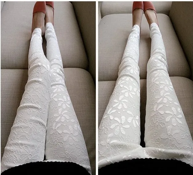 

Fashion Casual Slim Fitted Skinny Leggings Womens Floral Lace Pencil Pant Black White Front Zipper Ankle Length Legging Women