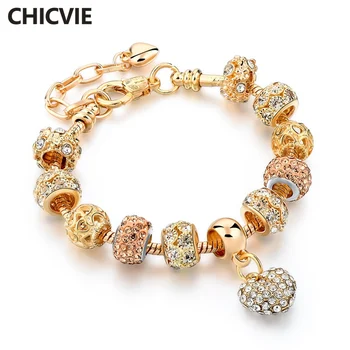 

CHICVIE Gold Color Crystal Heart Charm Personalized Bracelets & Bangles For Women Trendy Jewelry Handmade DIY Bracelet Sbr160056