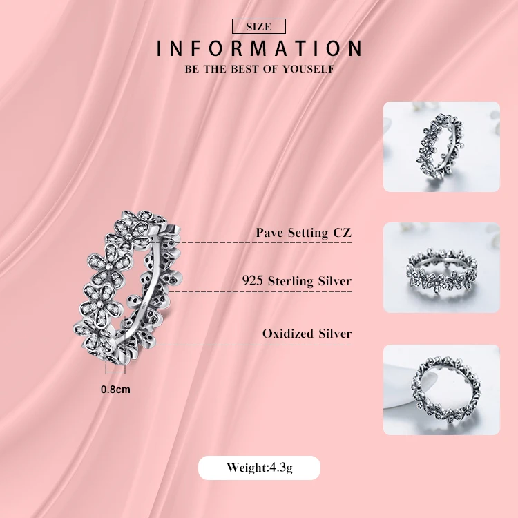 Инстаграммы Аутентичные 925 пробы Серебряное кольцо цветы прозрачный CZ штабелируемые винтажные сверкающие модные ювелирные изделия для женщин подарок