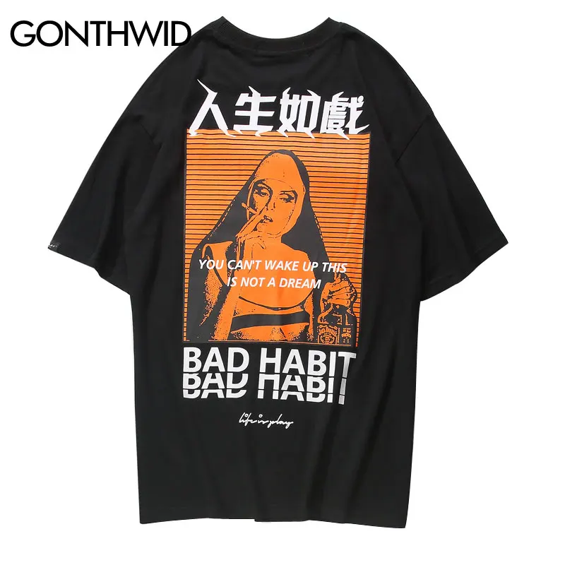 

GONTHWID Smoking Nun Printed T Shirts Streetwear Men Harajuku Hip Hop Casual Short Sleeve Top Tees 2019 Summer Male Tshirts