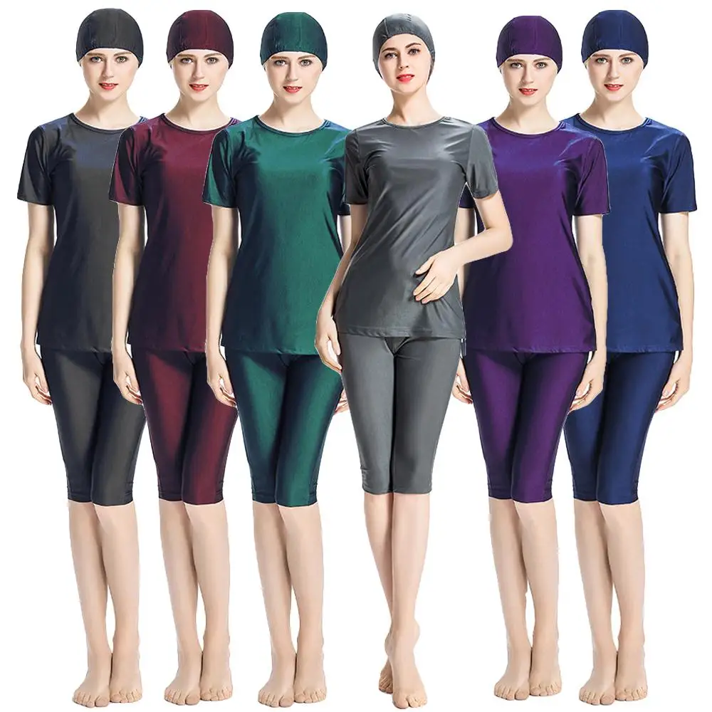 

Plus Size Muslim Women Short Sleeve Arabic Swimwear Modest Swimsuit Swim Maillot Islamique Burkini Beachwear 3 PCS Costume Suit