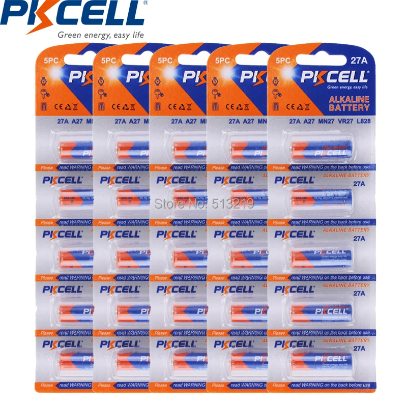 

25Pcs 5pcs/Card 27A 12V battery 27A / A27 / L828 / V27GA Alkaline Battery Dry Batteries duration 105hours for LED light